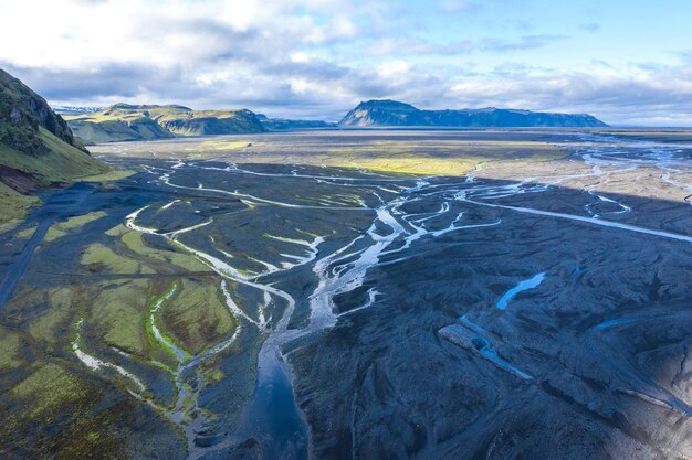 Aerial drone view of a huge riverbed Iceland