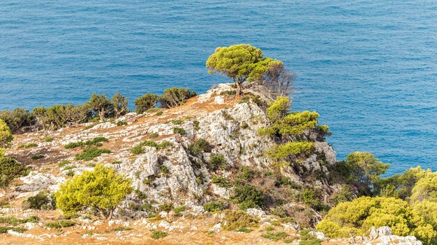 Aerial drone view of the Ionian Sea coast of Zakynthos, Greece