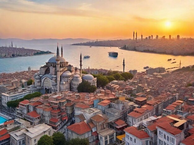 Aerial drone view of istanbul at sunset turkey