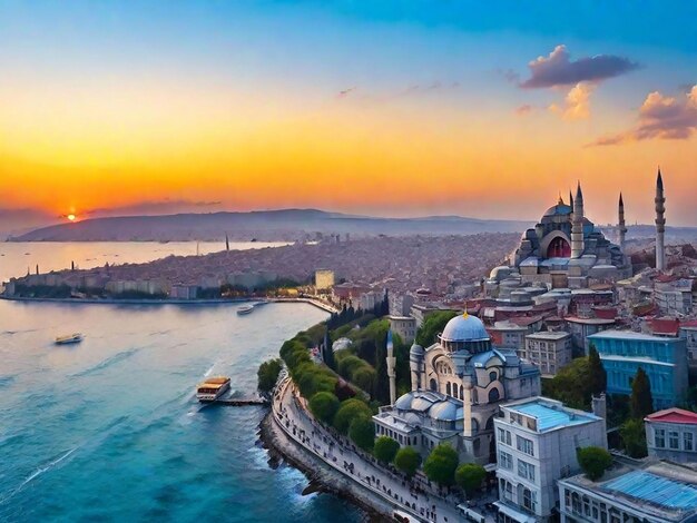 Aerial drone view of istanbul at sunset turkey