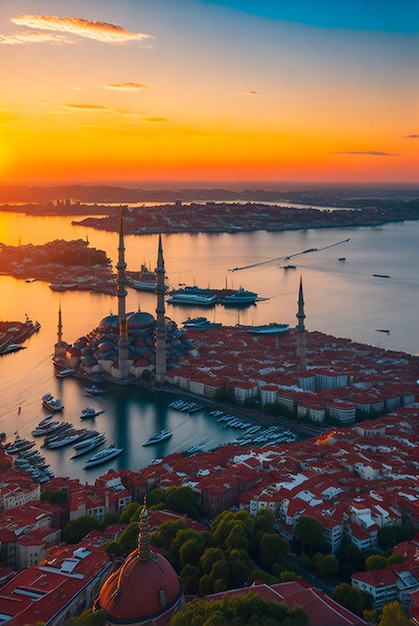 aerial drone view of istanbul at sunset turkey