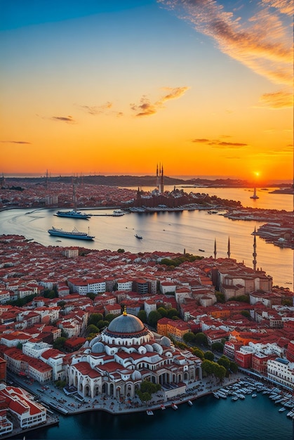 aerial drone view of istanbul at sunset turkey