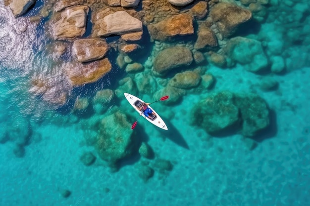 Aerial drone view of in kayak in crystal clear lagoon sea water during summer day near Koh Lipe island in Thailand Travel tropical island holiday concept