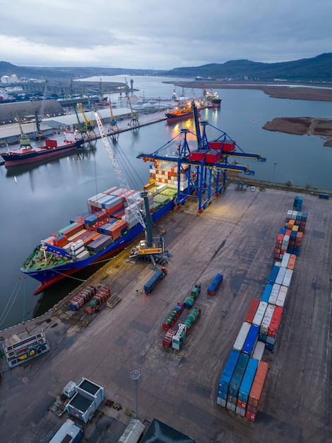 Aerial drone view of Large car cargo ship entering the port in Varna