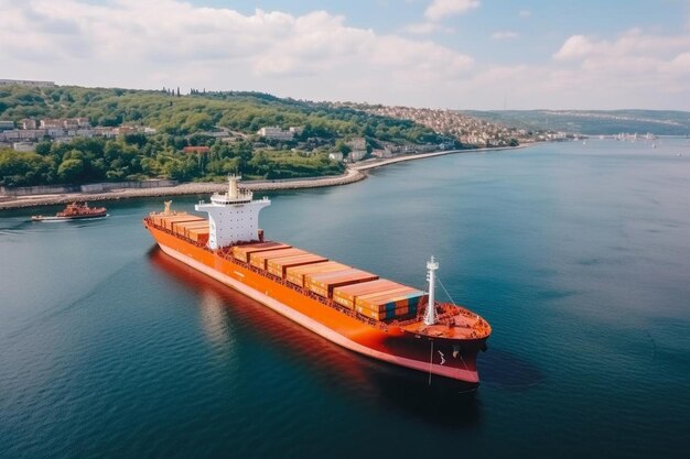 Photo aerial drone view of large car cargo ship entering the port in varna