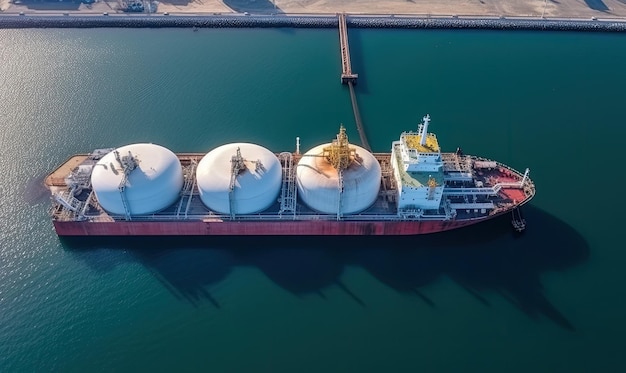 Aerial drone view of LNG tanker ship sailing on the ocean Creating using generative AI tools