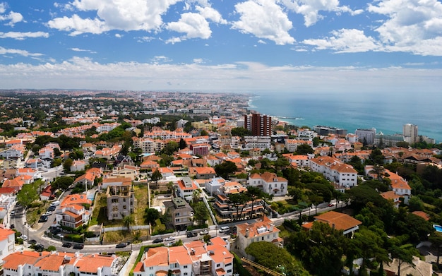 Aerial drone view looking east towards Estoril in Lisbon Region Portugal