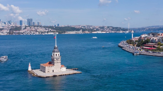 Aerial Drone View of Maiden's Tower in Uskudar Istanbul - Kiz Kulesi, Turkey