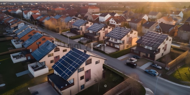 Aerial drone view of modern residential area with solar photovoltaic panels Generative Ai