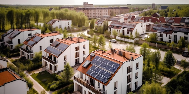 太陽光発電パネルを備えた近代的な住宅地の空中ドローン ビュー Generative Ai