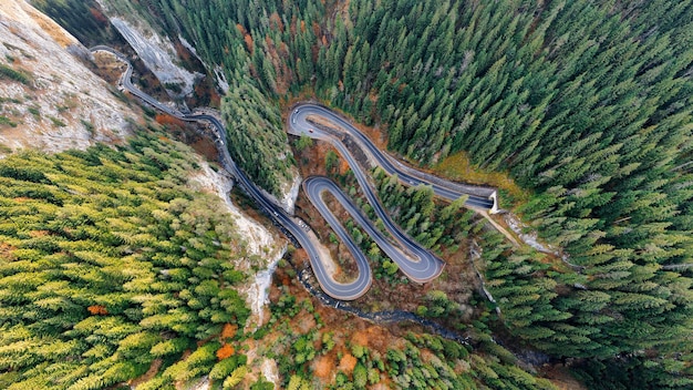 Aerial drone view of nature in Romania Carpathian mountains rocky hills covered