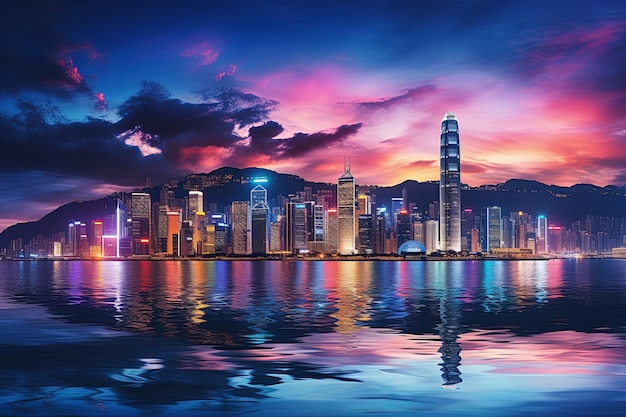 Aerial drone view panoramische binnenstad wolkenkrabbers stadsbeeld van Hong Kong stad skyline bij gebouwen landschap illustratie