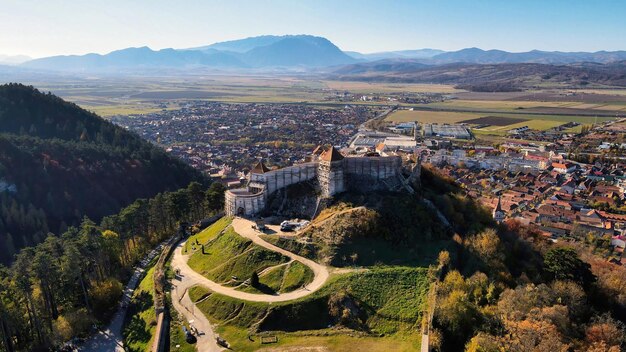 Aerial drone view of The Rasnov Fortress in Romania