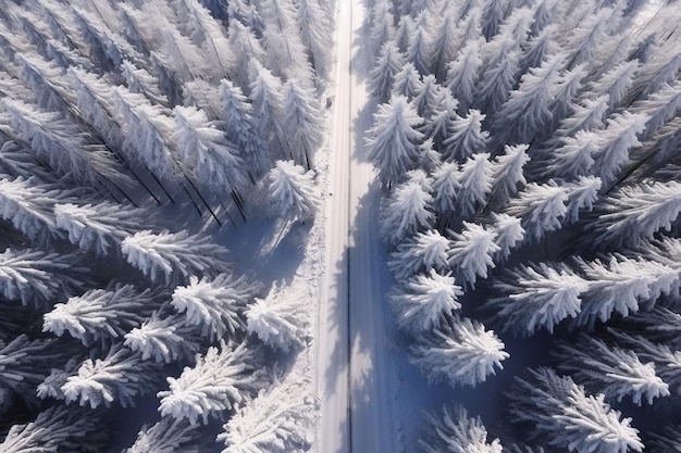 のどかな冬の風景の中の道路の空中ドローンビュー鳥瞰図から自然の中を走る通り