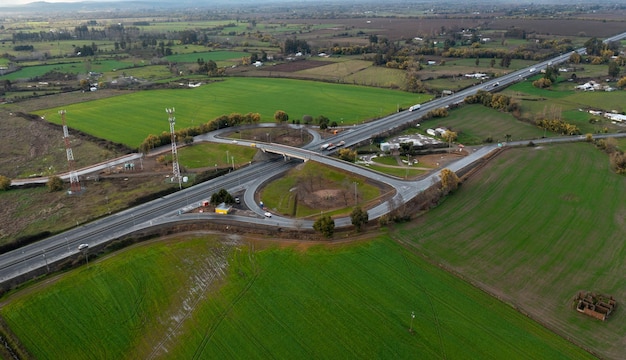 Aerial drone view road junction on Pan American highway en Chile