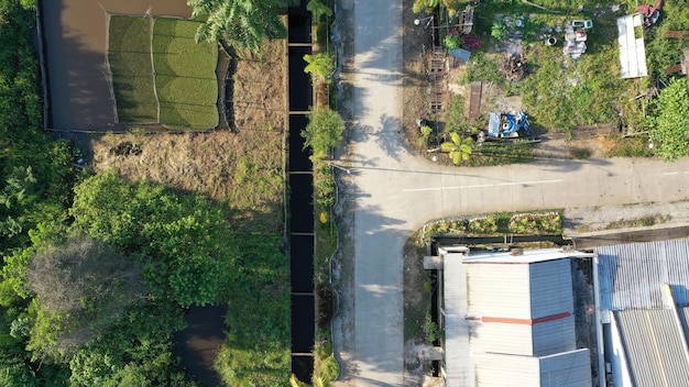 Aerial drone view of small winding sreets and roads in a residential area