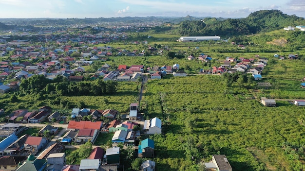 Aerial drone view of small winding sreets and roads in a residential area