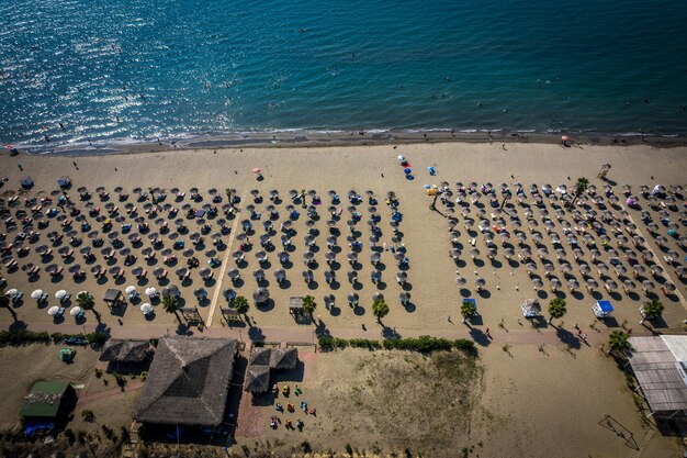 Aerial drone view of Spille beach in Albania with pine forest