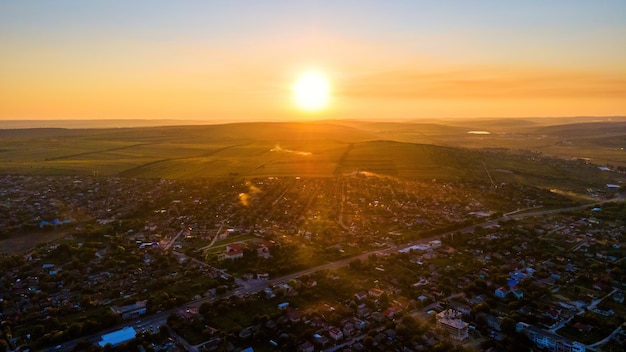 Aerial drone view of Tipova, Moldova at sunset