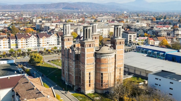 Aerial drone view of an unfinished church in Sighetu Marmatiei, Romania