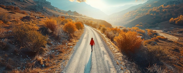 Aerial drone view a wanderlust girl walking down the road through the mountains