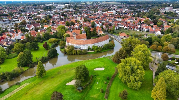 항공 드론 뷰 물 성 Wasserschloss Burgsteinfurt Steinfurt 북 라인베스트팔리아 독일