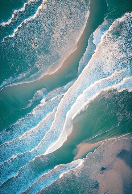 Aerial drone view with of crashing waves in crystal ocean top\
view blue clean wavy sea waterblue water background