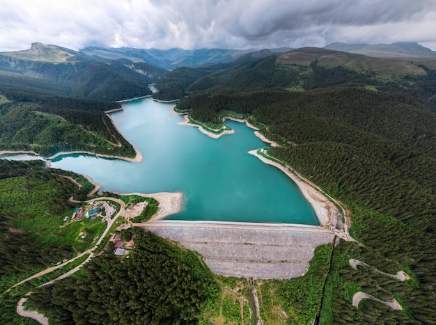 Aerial drone wide view of Bicaz lake and dam in Romania