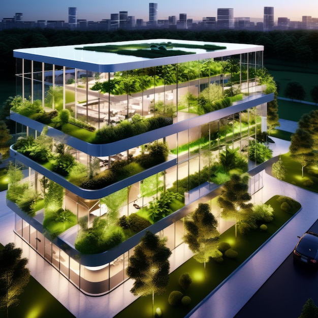 воздушный вечерний вид на современное экологически чистое здание офиса с зелеными растениями