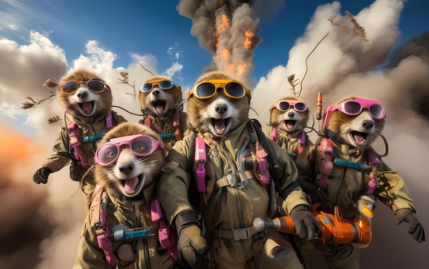 Aerial Extravaganza Meerkats Take Flight with Parachutes and Bursting Smoke Bombs