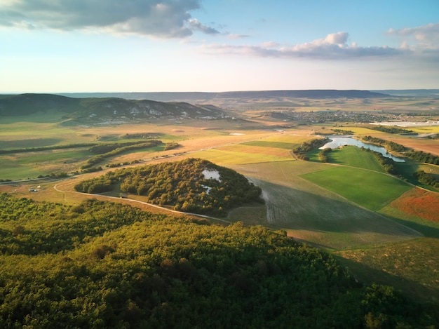 Aerial fields and meadow in mountain