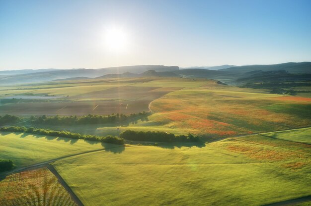 Aerial fields and meadow in mountain