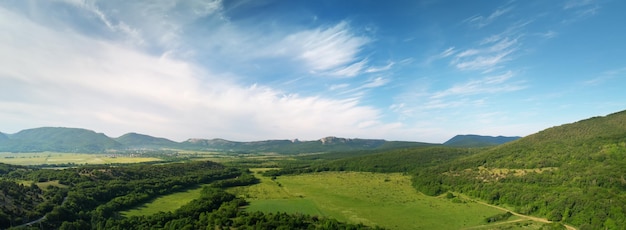 Photo aerial fields and meadow panorama