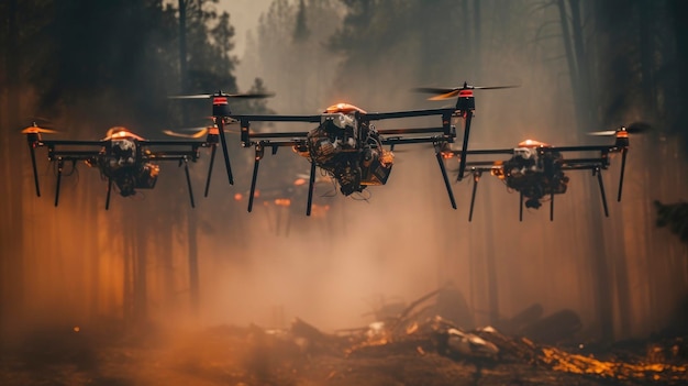 Aerial firefighting drones advanced technology innovative unmanned aircraft precision water drops futuristic disaster response Created with Generative AI technology