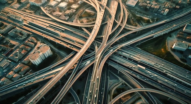 Aerial footage of multiple highway highways and intersections