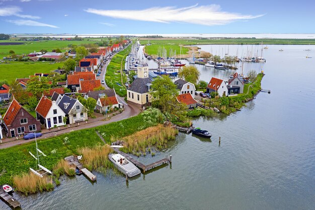 Photo aerial from the ancient village durgerdam at the ijsselmeer in the netherlands