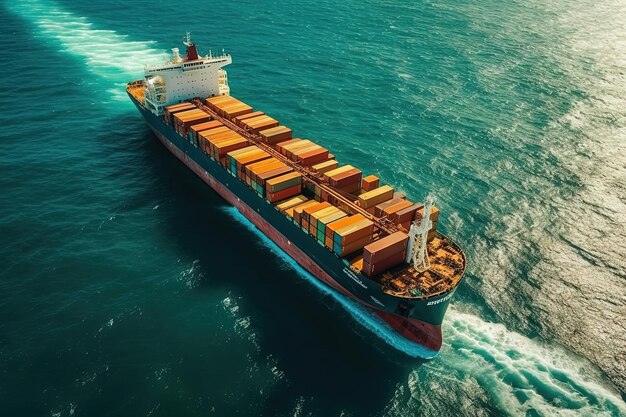 Aerial front view of a loaded container cargo vessel traveling over calm ocean