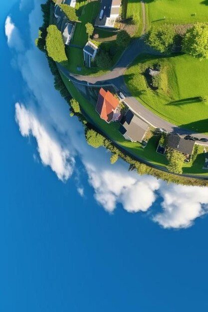 Aerial full seamless spherical hdri panorama view above green village with private development