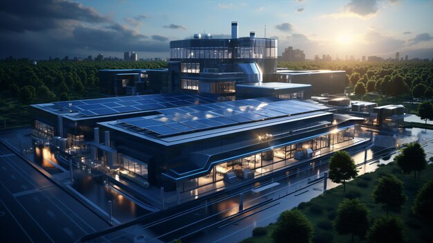 Photo aerial glimpse of a contemporary manufacturing plant sporting a solar array on its roof