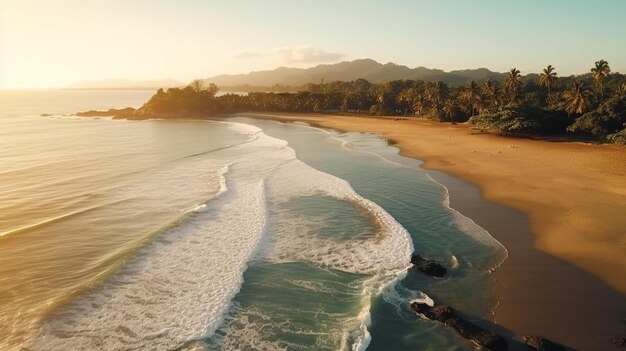 Photo aerial golden morning sunbeams illuminating beautiful beach of playa venao picturesque surfing