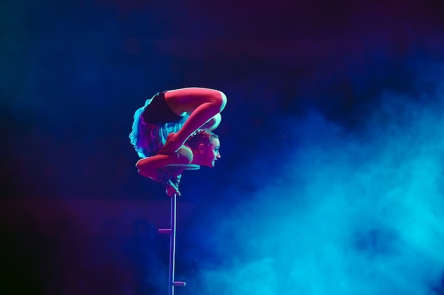 An aerial gymnast shows a performance in the circus arena.