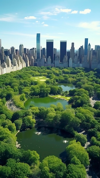 Aerial Helicopter Footage Over Central Park with Nature Trees People
