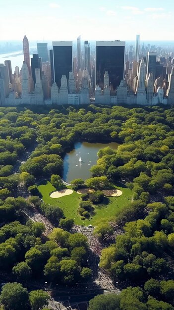 Aerial Helicopter Footage Over Central Park with Nature Trees People