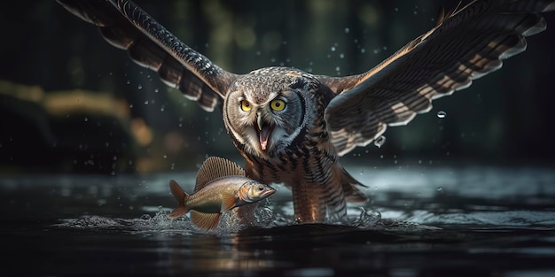 Aerial Hunter Beautiful Photography of an Owl with Outstretched Wings Catching a Trout Generative AI