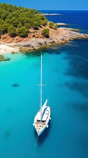 Aerial image of beautiful sailboat cruising in blue open ocean luxury white yacht generative ai