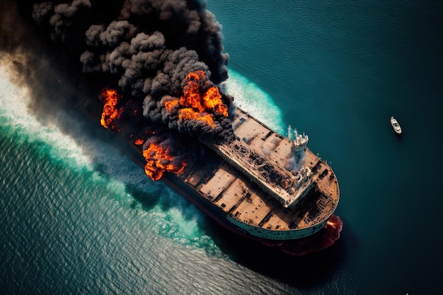 Aerial image of a burning oil tanker ship in the Middle East