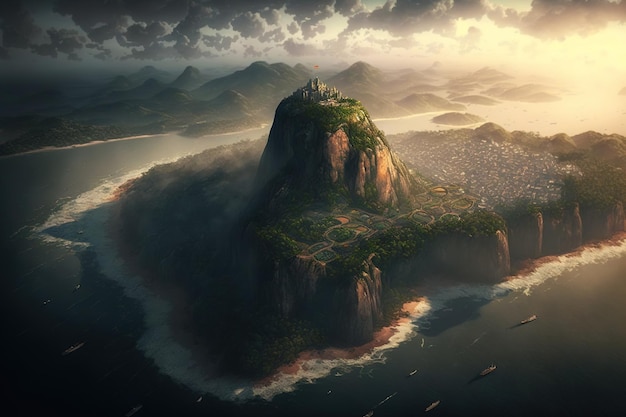 Aerial image of Christ and Sugar Loaf Mountain in Rio de Janeiro Brazil