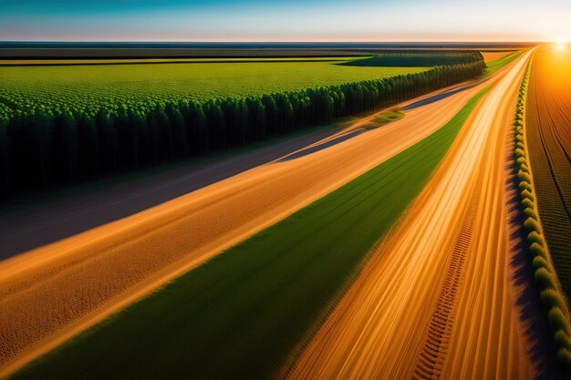 Aerial image of a dirt road near a farm