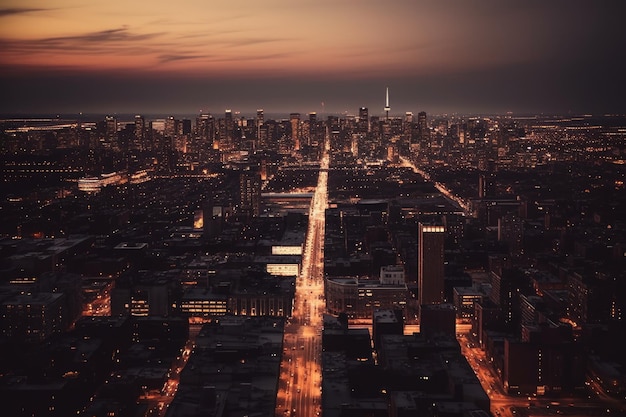 Aerial image of evening cityscape with lighted buildings and streets