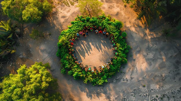 An aerial image of a group of diverse men and women holding hands in a circle